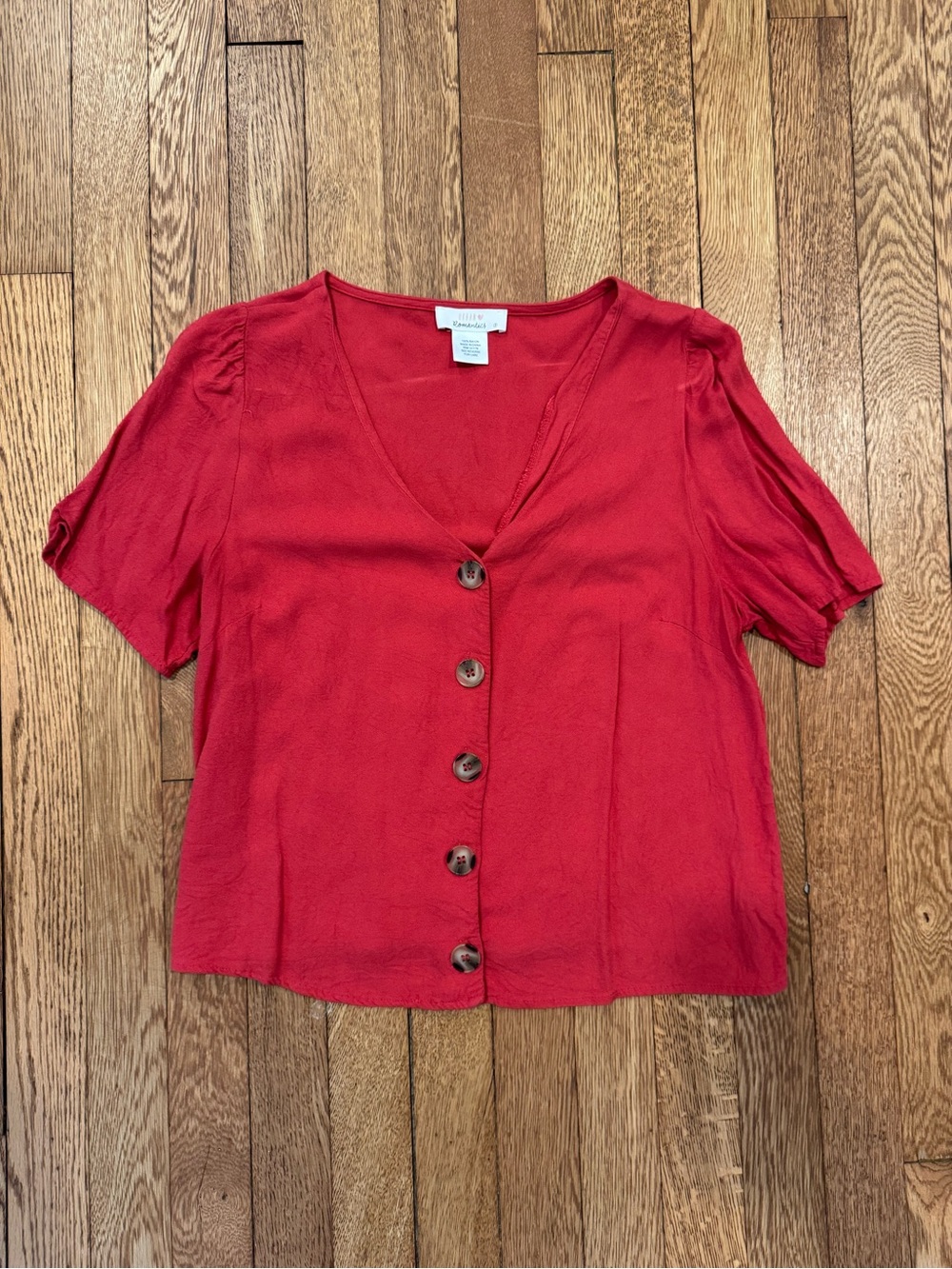 Red Button-Front V-Neck Blouse, Size Small